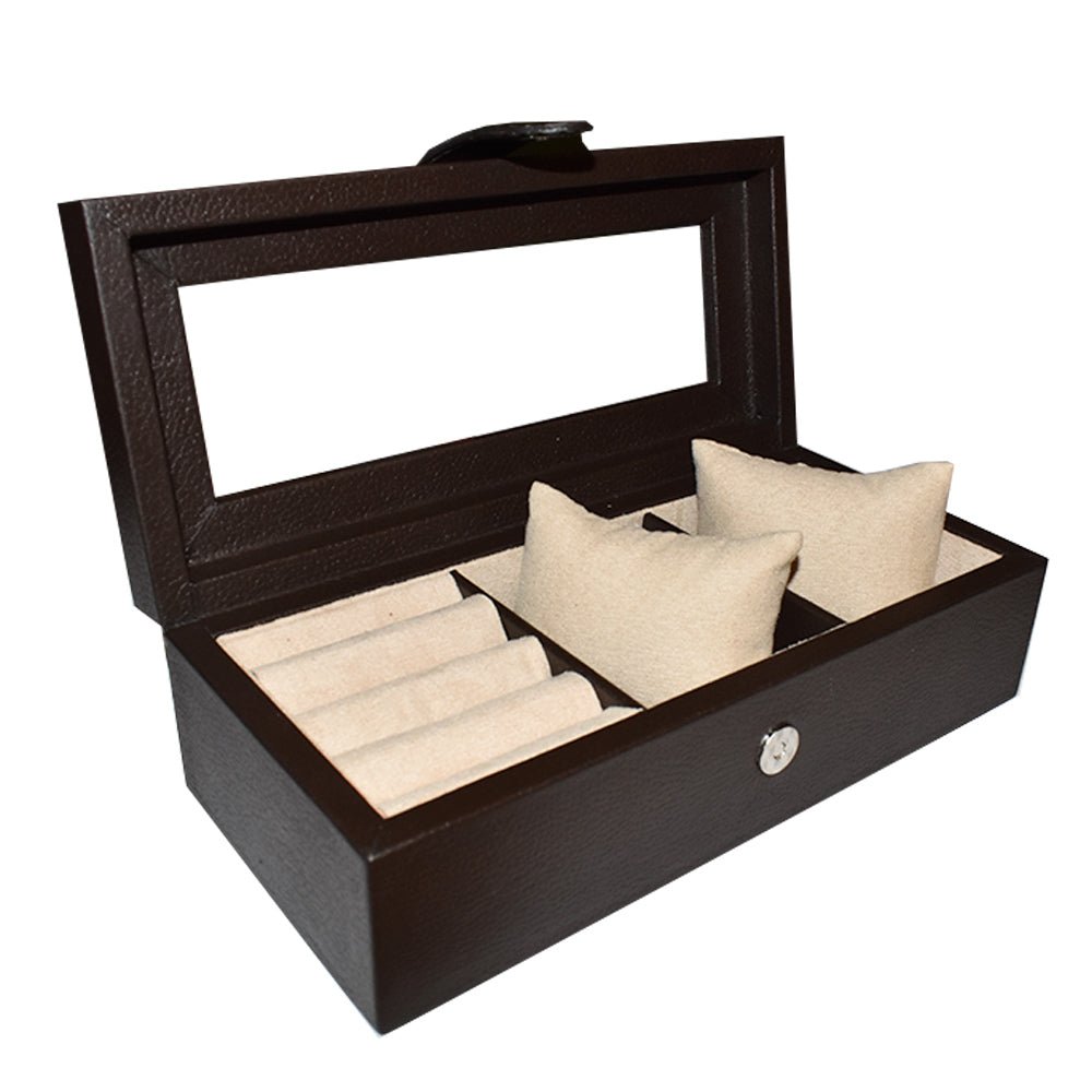 Caja 2 relojes y espacio para anillos o mancuernillas hecha en piel ANOR