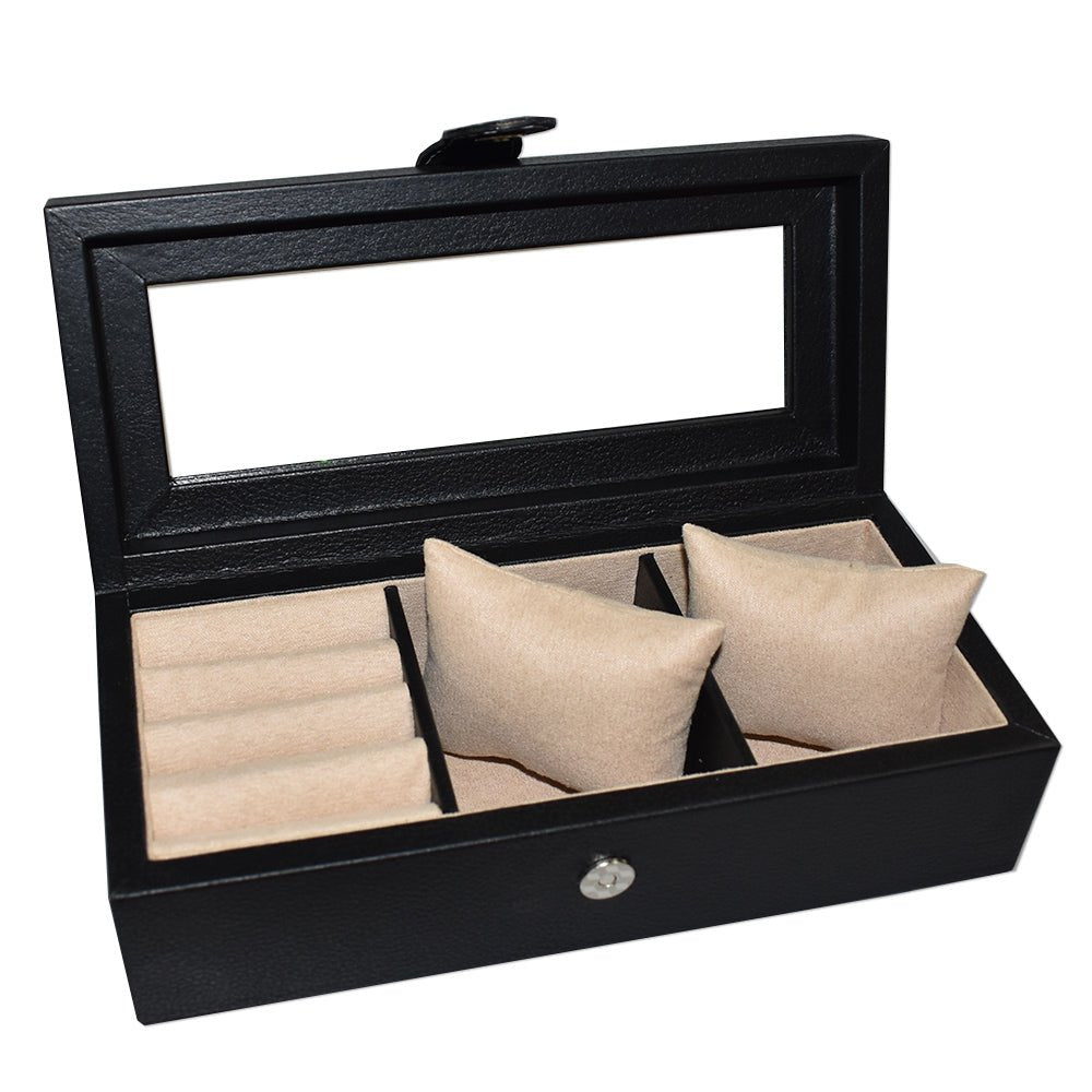Caja 2 relojes y espacio para anillos o mancuernillas hecha en piel ANOR