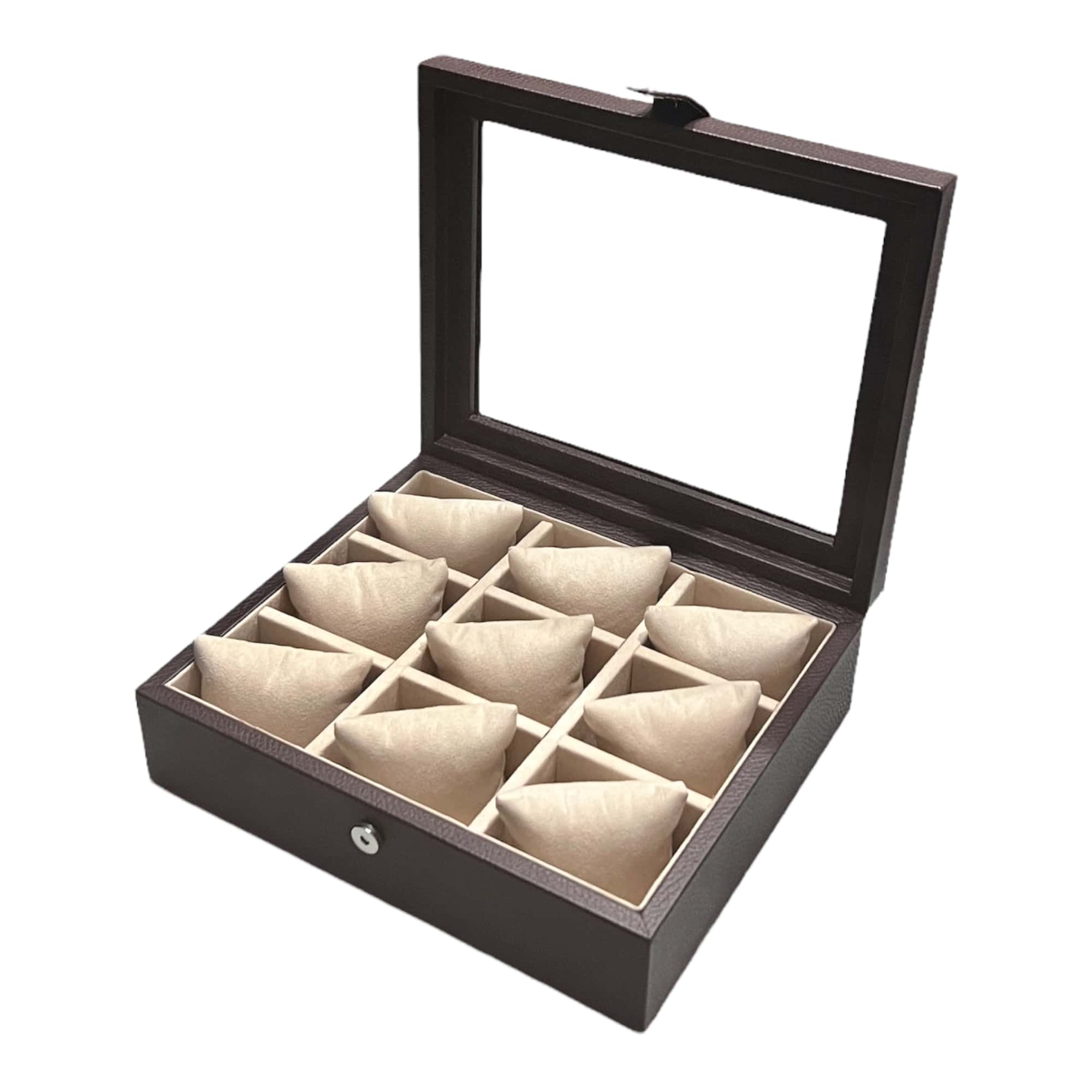 Caja en piel con tapa de cristal para guardar 9 relojes MACE
