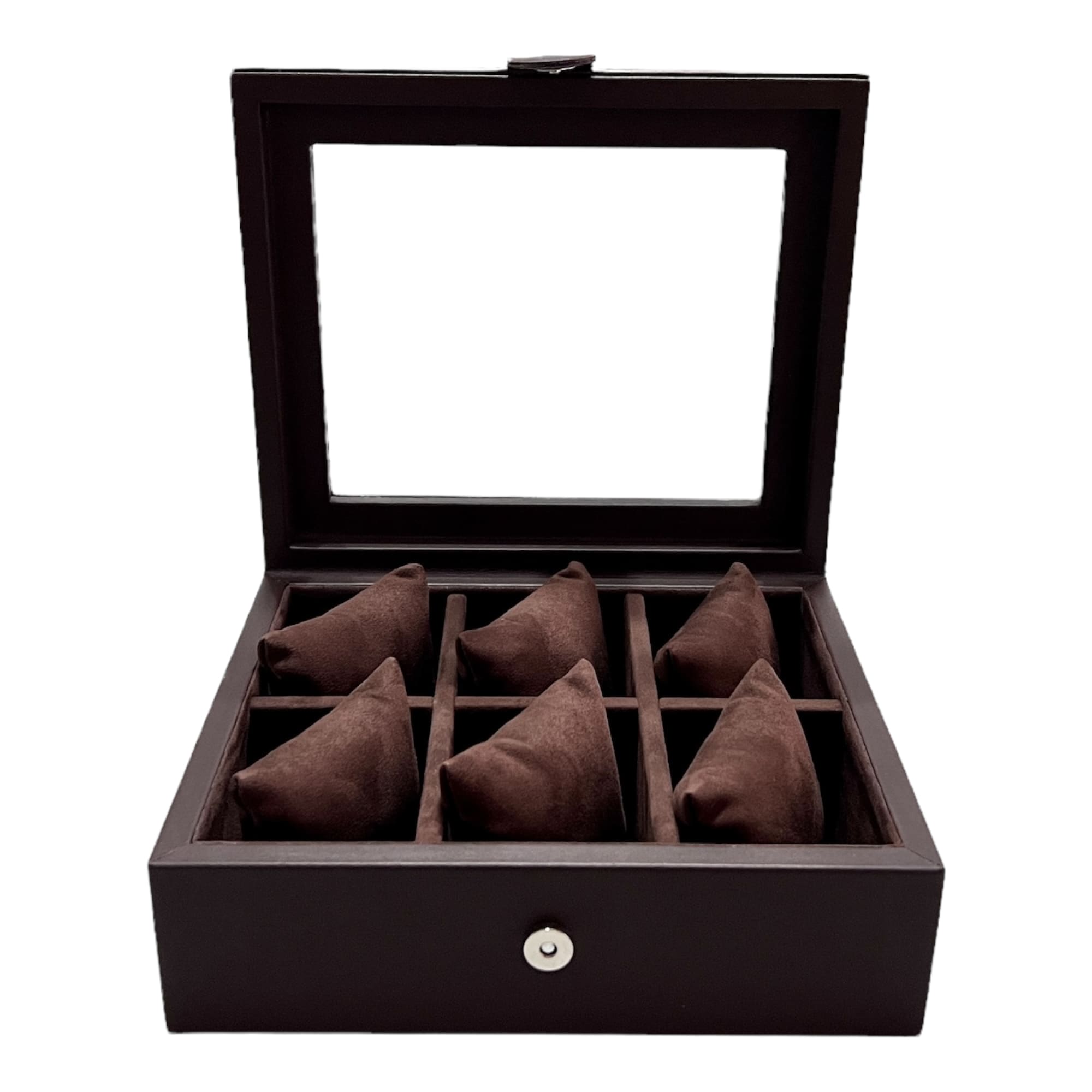 Caja boleada en piel para 6 relojes con tapa de cristal FESA