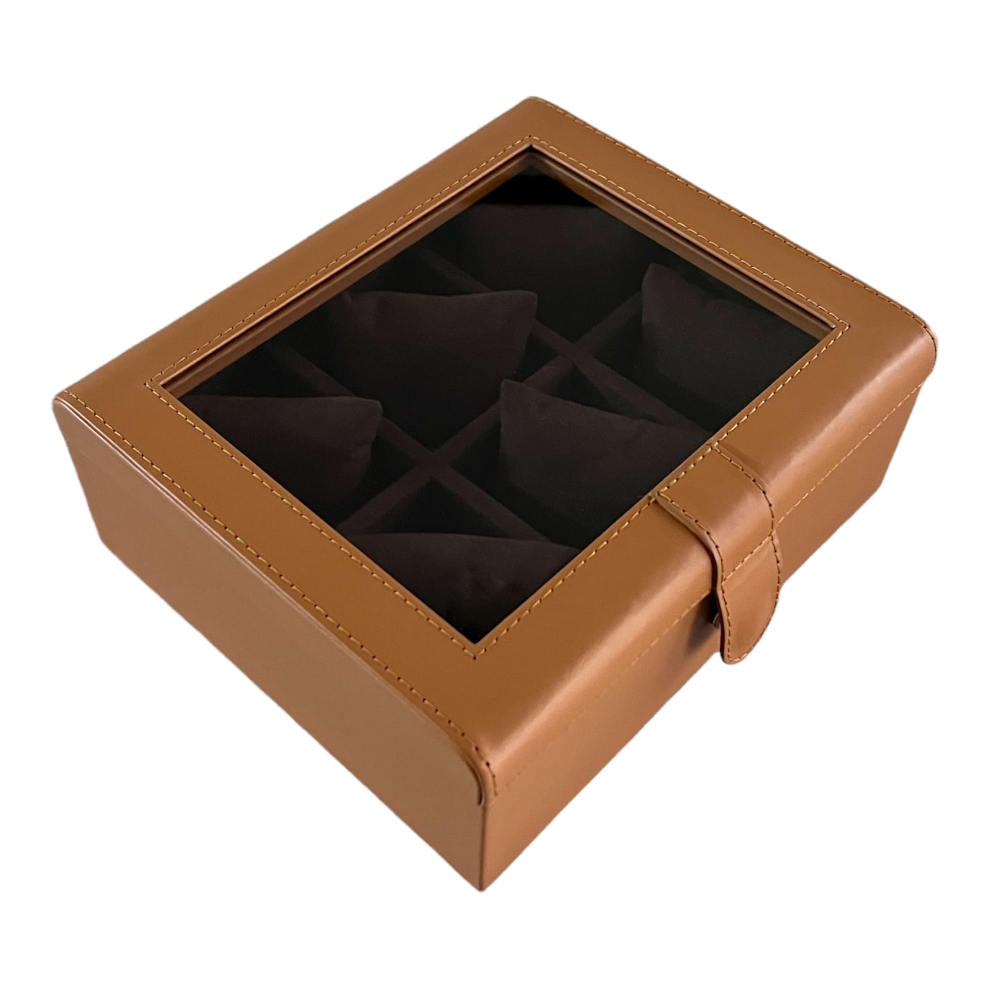 Caja boleada en piel para 6 relojes con tapa de cristal FESA