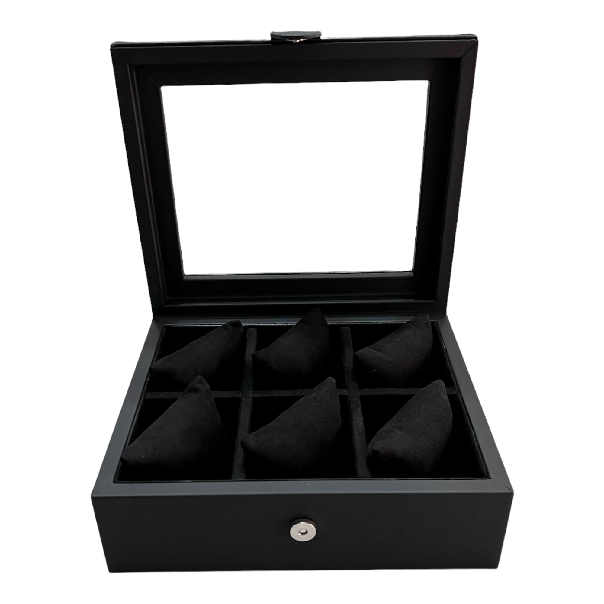 Caja boleada en piel para 6 relojes con tapa de cristal FESA