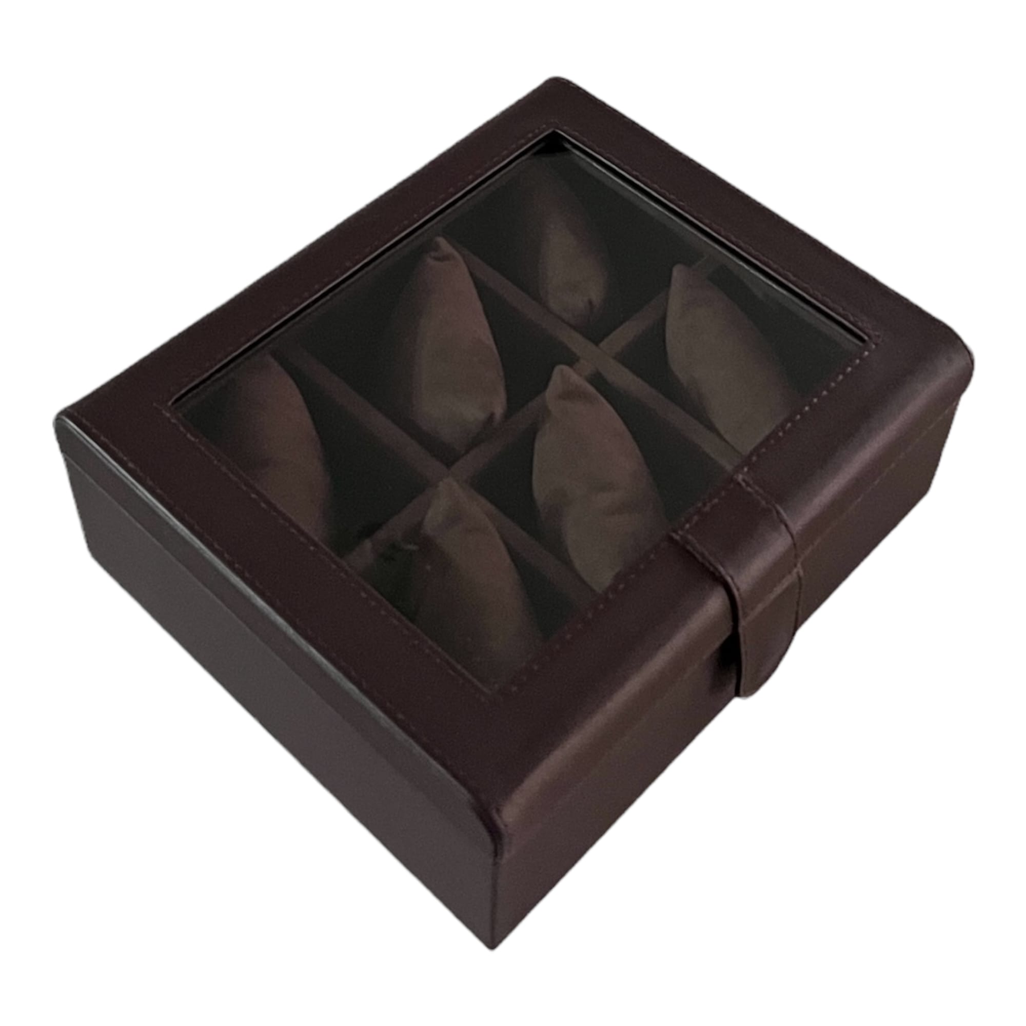 Caja boleada en piel para 6 relojes con tapa de cristal FESA
