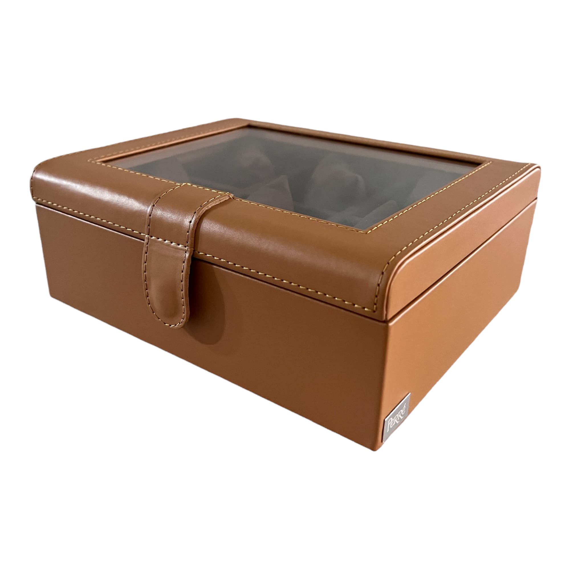 Caja boleada en piel para 6 relojes con tapa de cristal FESA