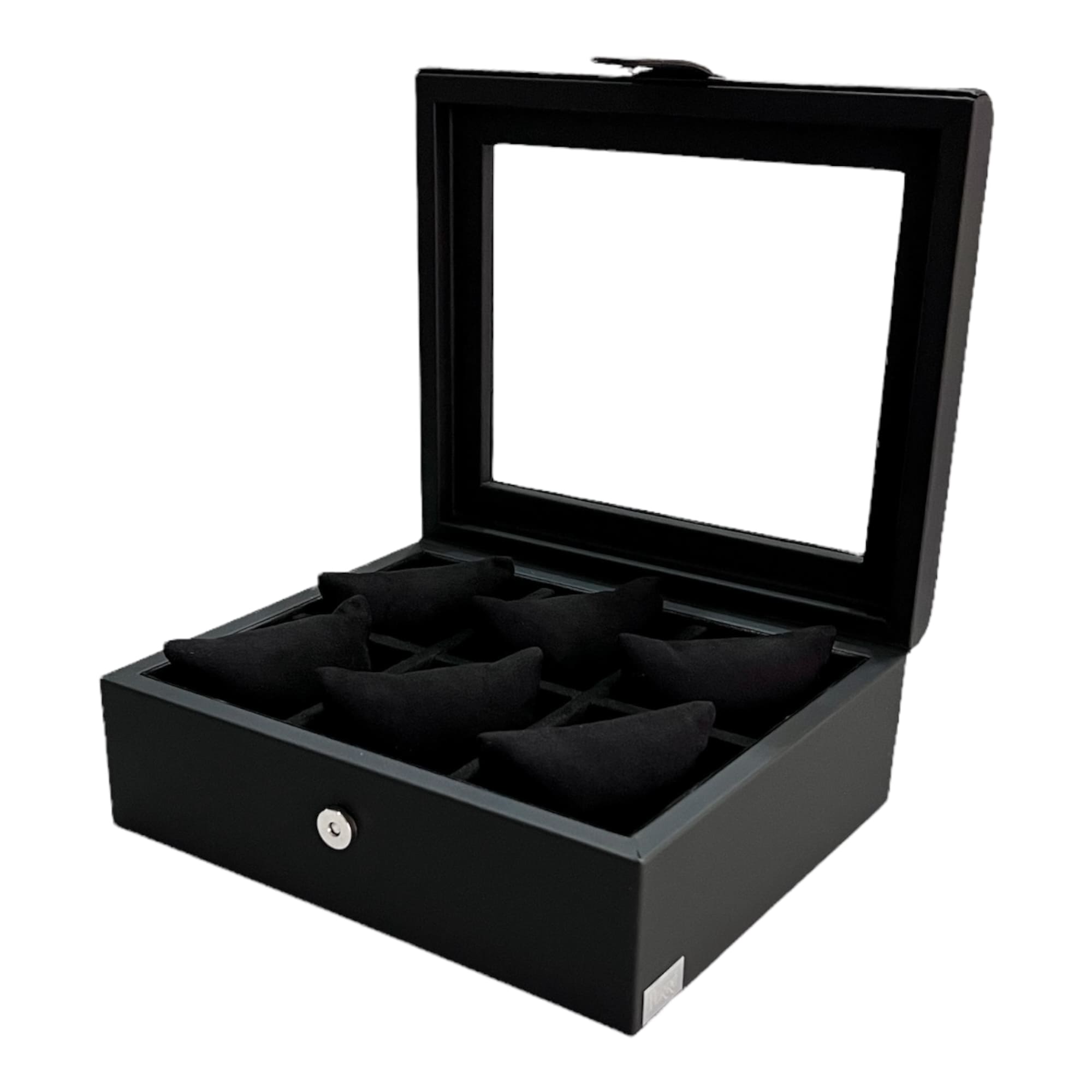Caja boleada en piel para 6 relojes con tapa de cristal FESA