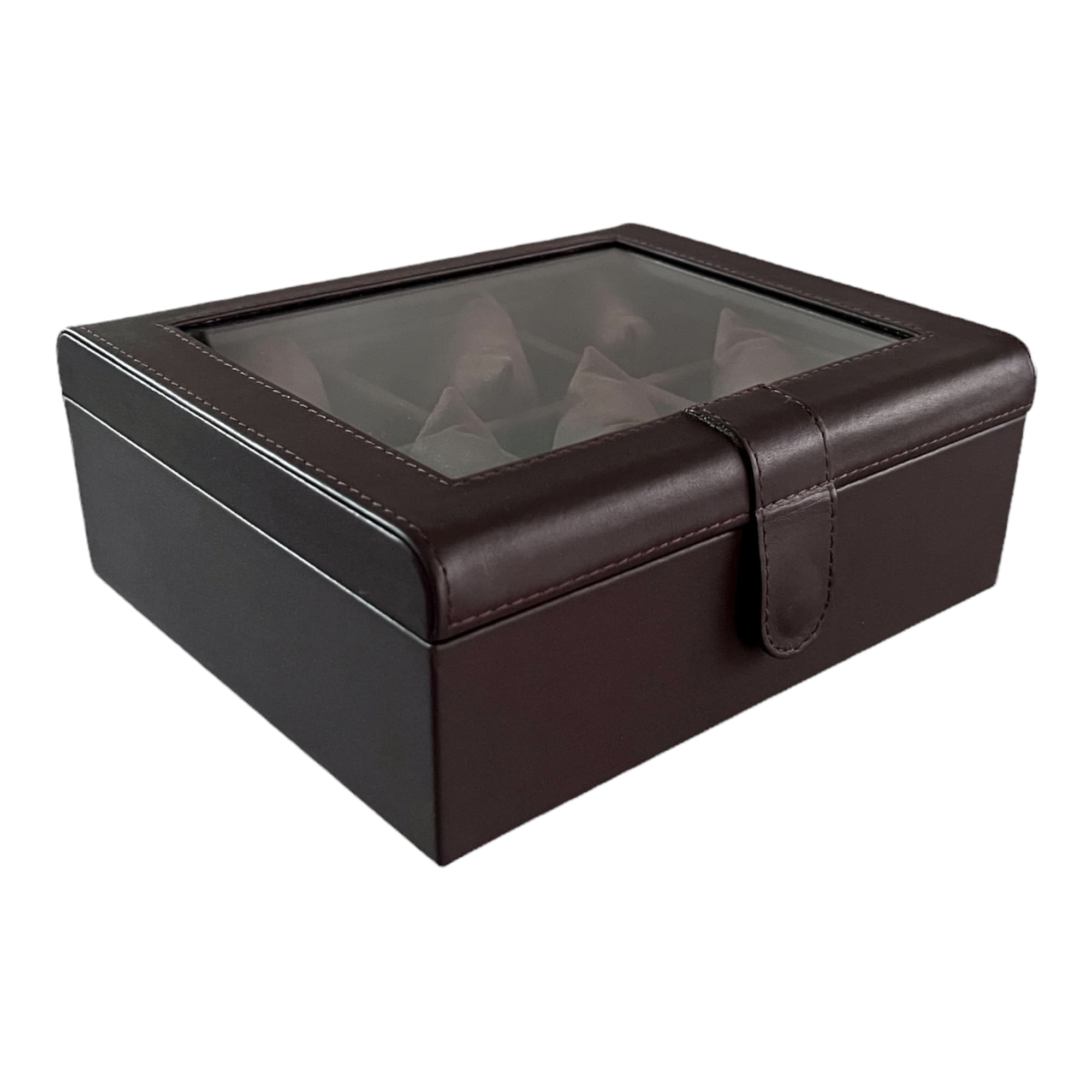 Caja boleada en piel para 6 relojes con tapa de cristal FESA