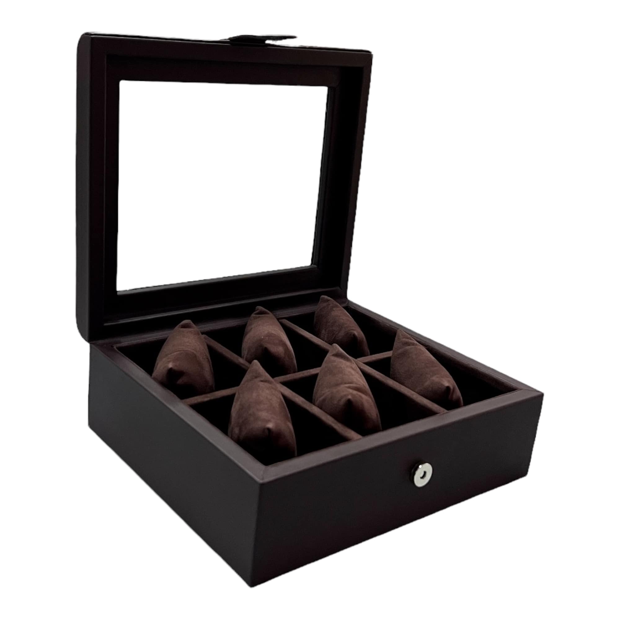Caja boleada en piel para 6 relojes con tapa de cristal FESA