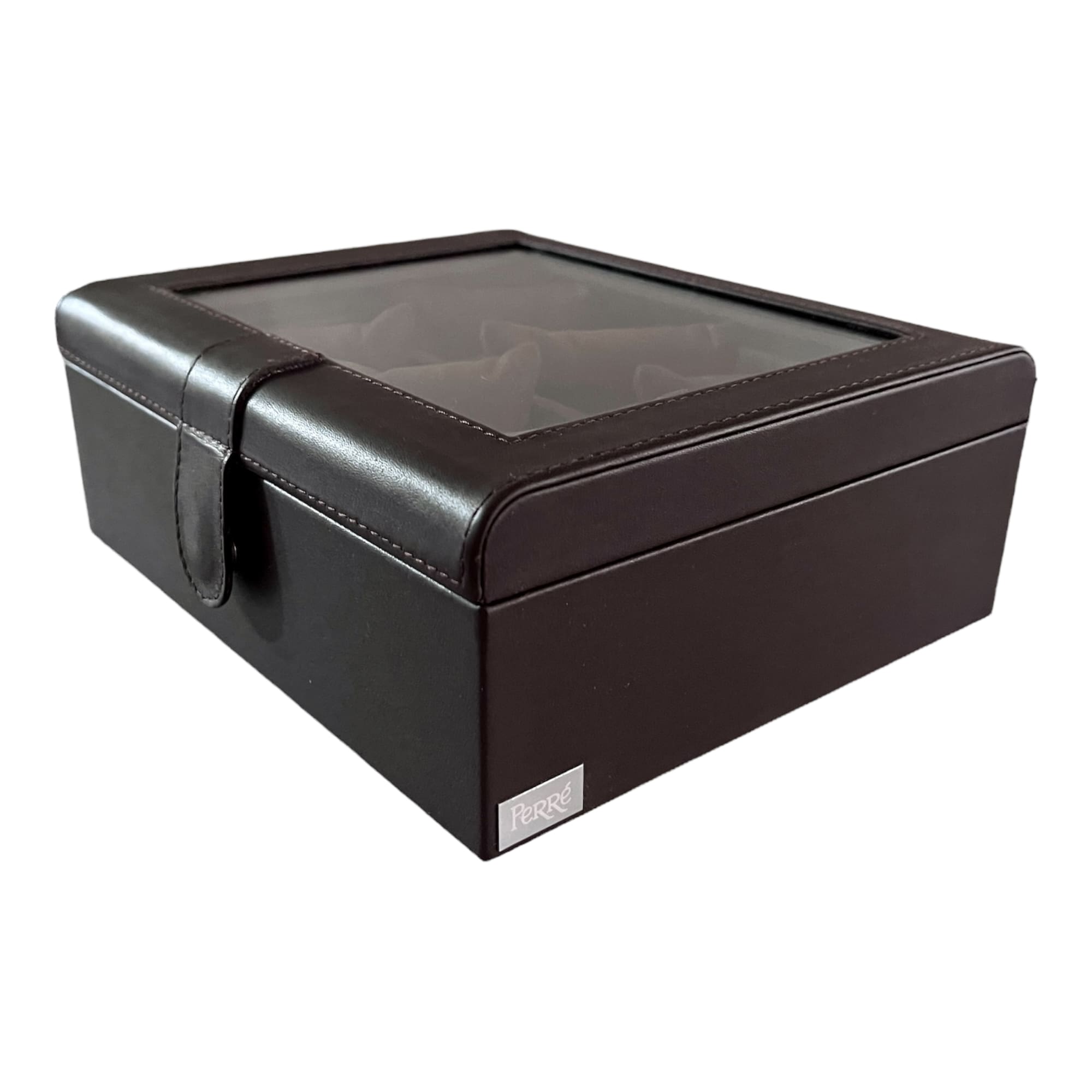 Caja boleada en piel para 6 relojes con tapa de cristal FESA