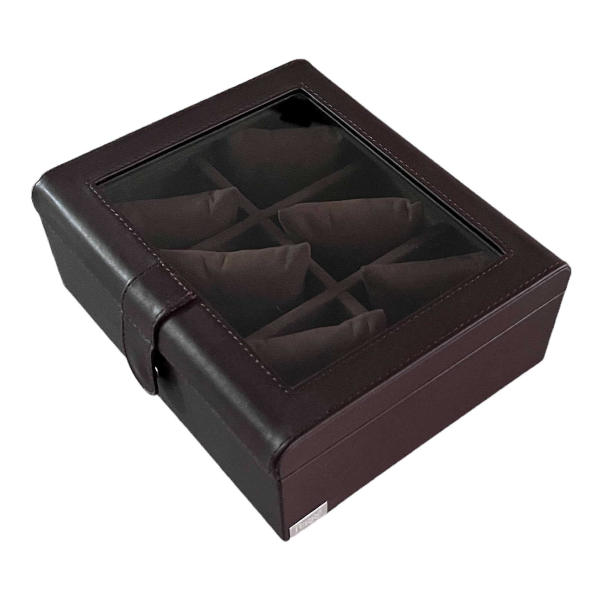 Caja boleada en piel para 6 relojes con tapa de cristal FESA