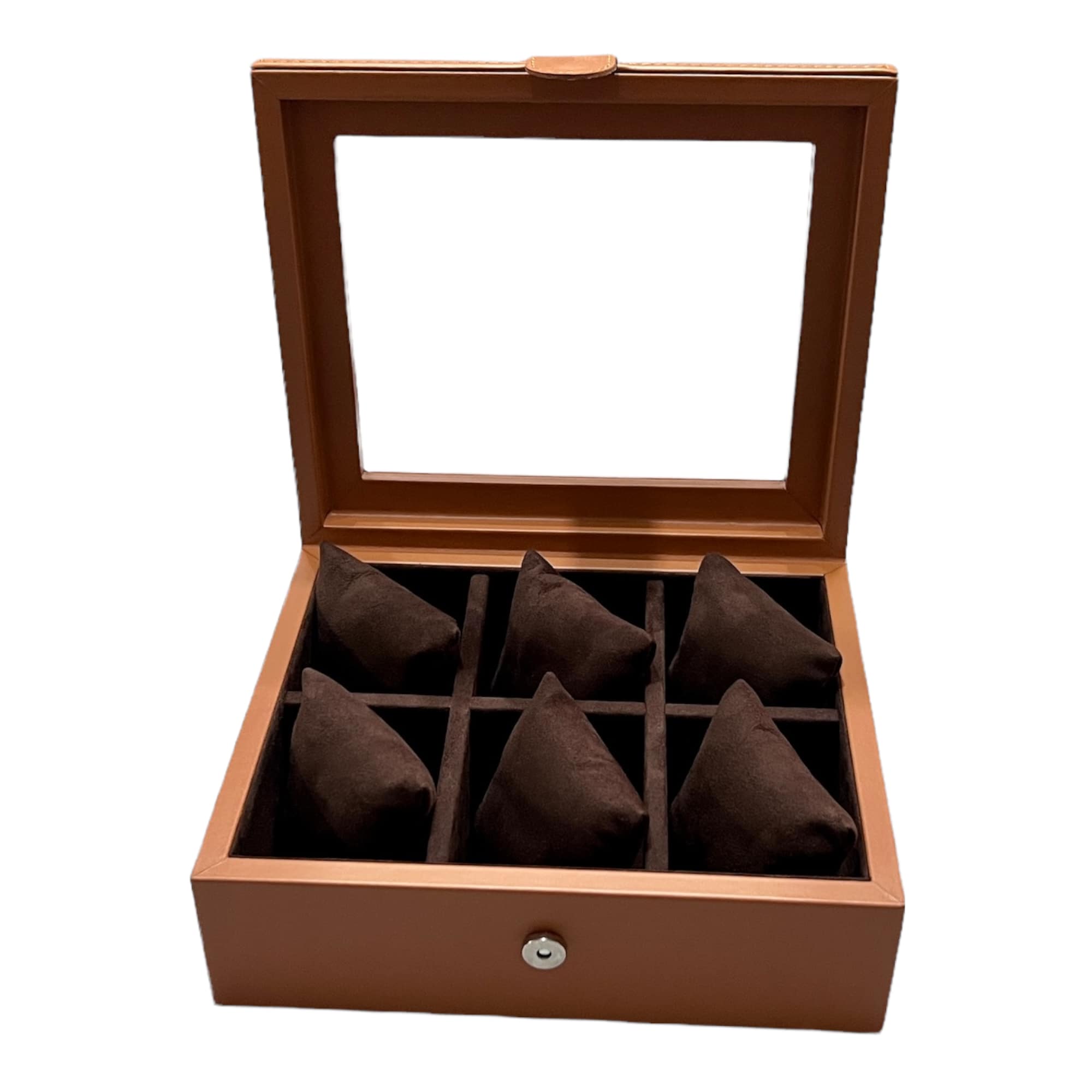 Caja boleada en piel para 6 relojes con tapa de cristal FESA