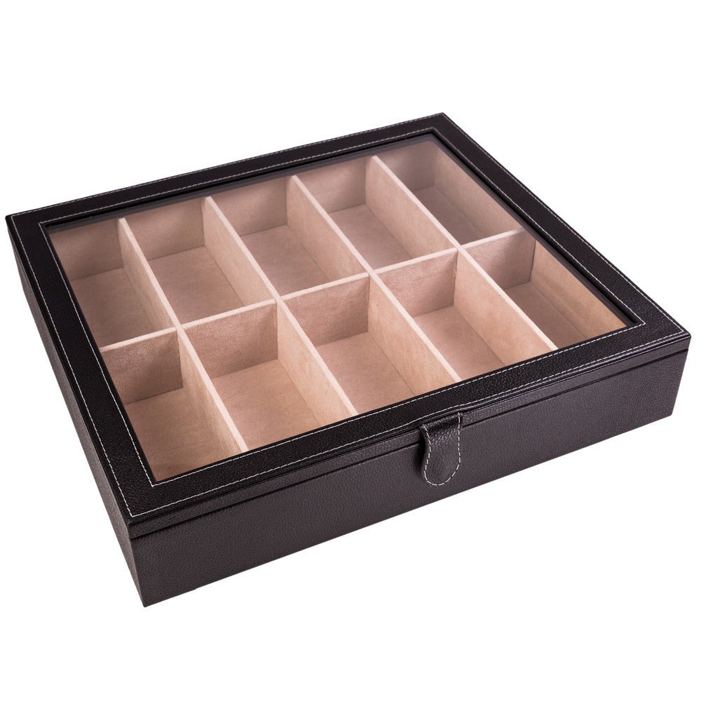 Caja en piel con tapa de cristal para guardar 10 anteojos MACE
