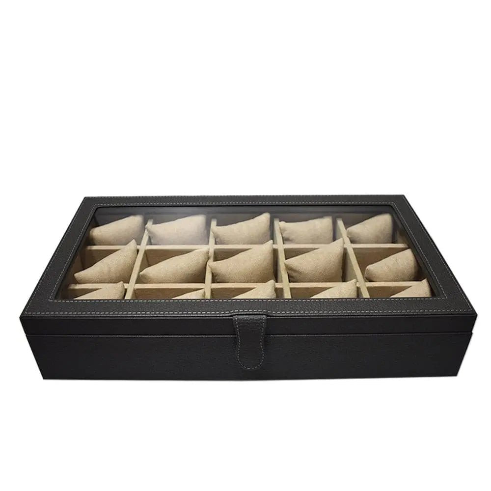 Caja en Piel con tapa de cristal para guardar 15 Relojes MACE