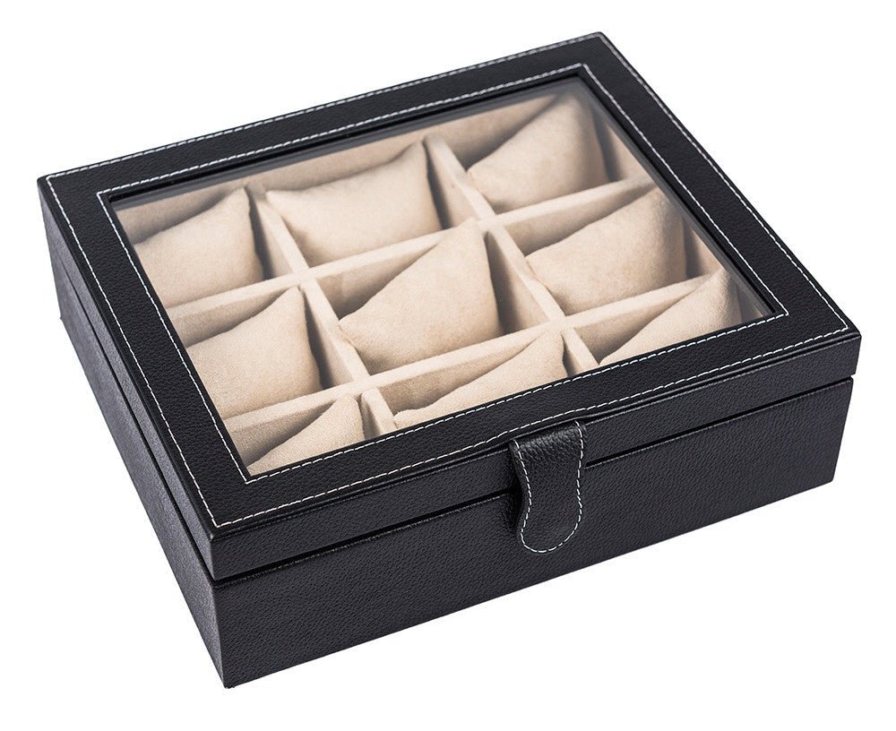 Caja en piel con tapa de cristal para guardar 9 relojes MACE