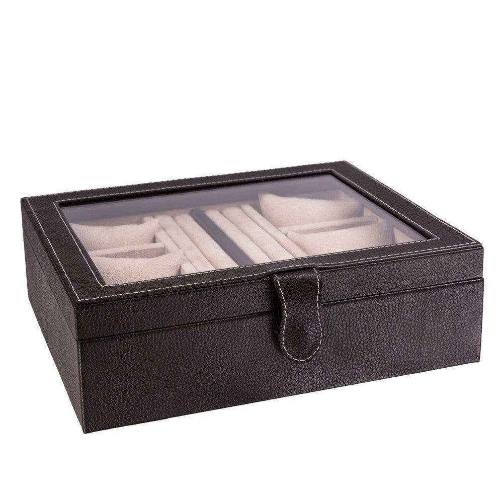 Caja en Piel para guardar 6 relojes y mancuernillas con tapa de cristal MACE