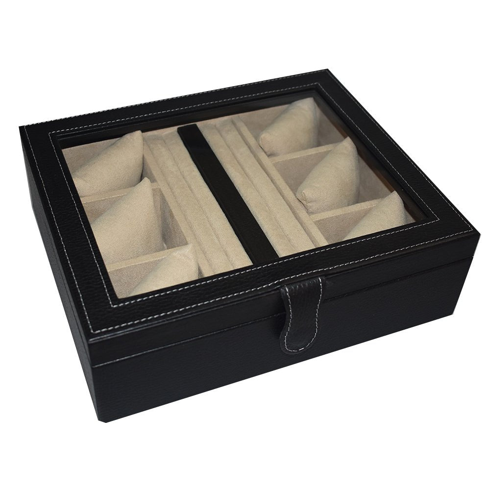 Caja en Piel para guardar 6 relojes y mancuernillas con tapa de cristal MACE