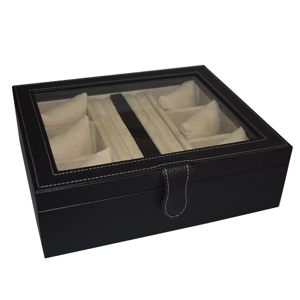 Caja en Piel para guardar 6 relojes y mancuernillas con tapa de cristal MACE