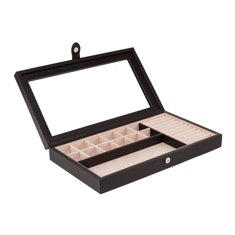 Caja rectangular en piel para guardar mancuernillas y anillos con tapa de vidrio MACE