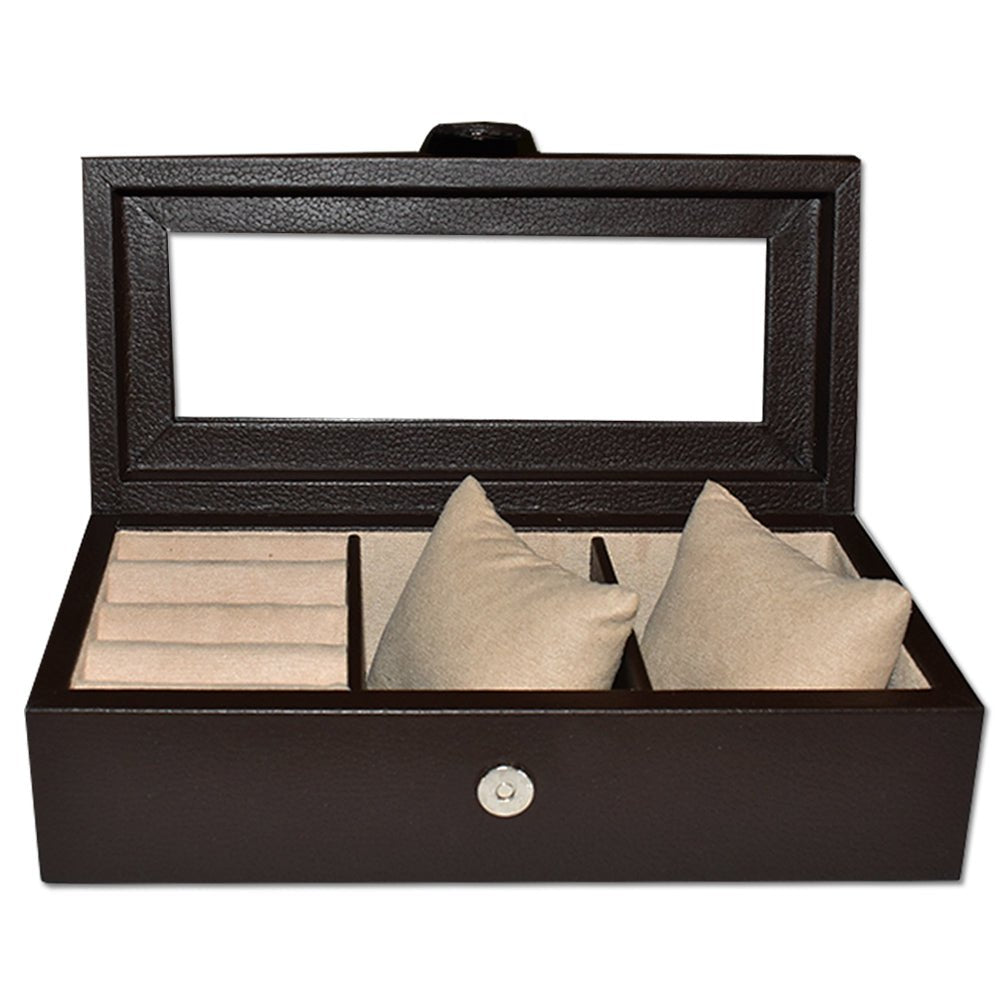 Caja 2 relojes y espacio para anillos o mancuernillas hecha en piel ANOR