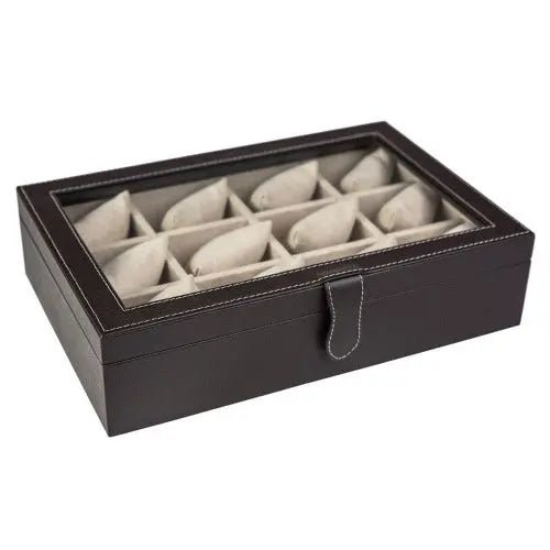 Caja en piel con tapa de cristal para guardar 12 relojes MACE