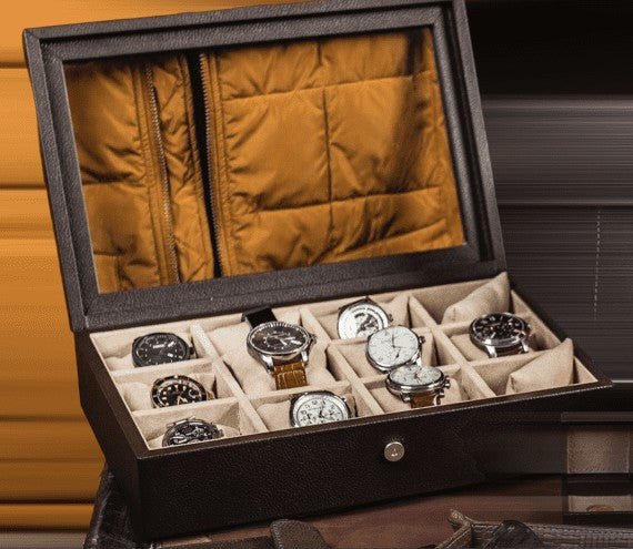 Caja en piel con tapa de cristal para guardar 12 relojes MACE