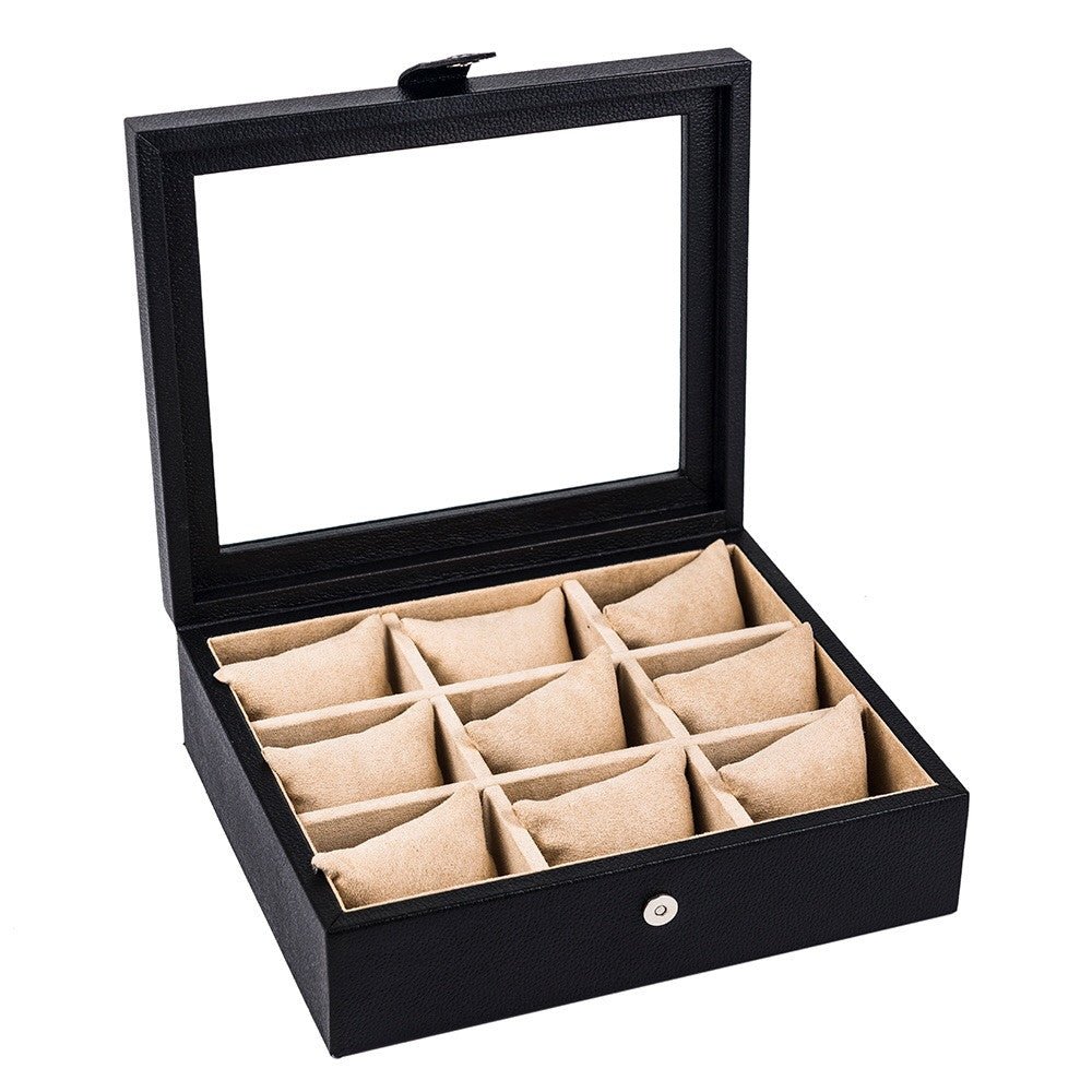 Caja en piel con tapa de cristal para guardar 9 relojes MACE