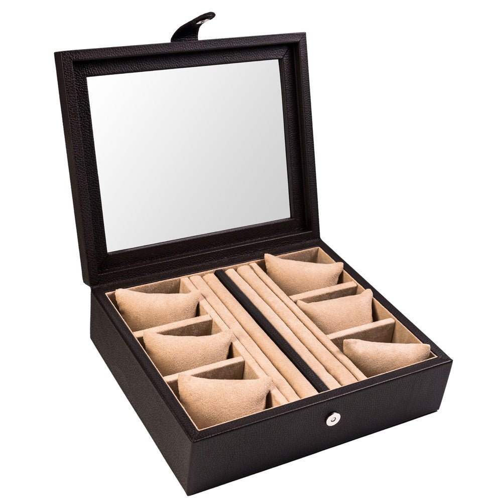 Caja en Piel para guardar 6 relojes y mancuernillas con tapa de cristal MACE