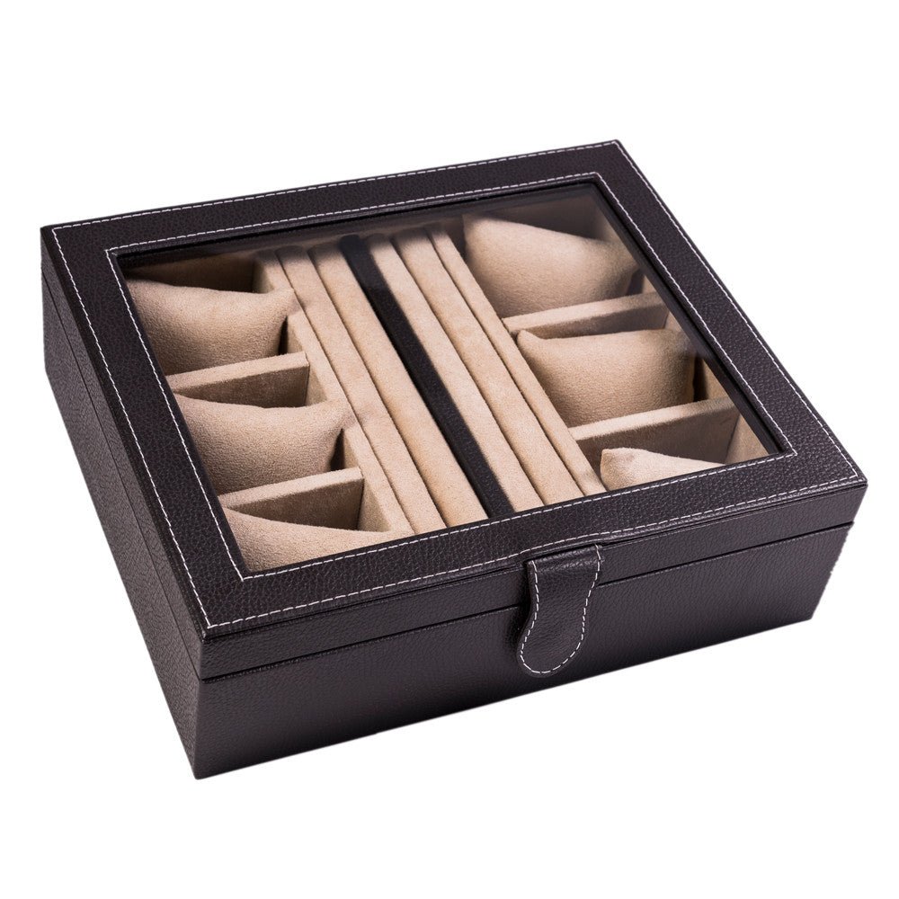Caja en Piel para guardar 6 relojes y mancuernillas con tapa de cristal MACE