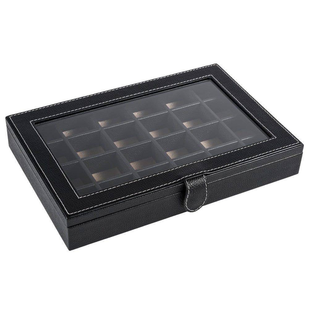 Caja en piel rectangular para guardar 24 mancuernillas con tapa de cristal MACE