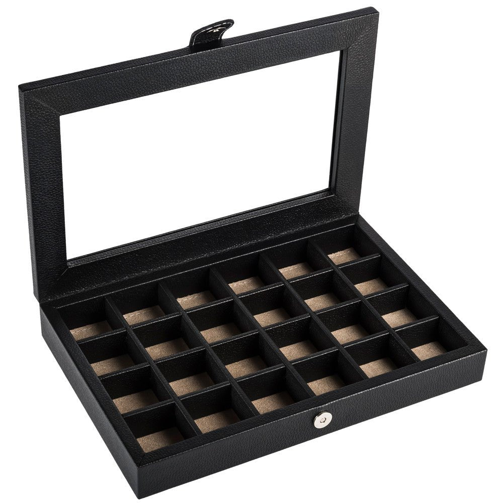 Caja en piel rectangular para guardar 24 mancuernillas con tapa de cristal MACE
