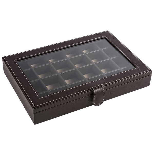 Caja en piel rectangular para guardar 24 mancuernillas con tapa de cristal MACE