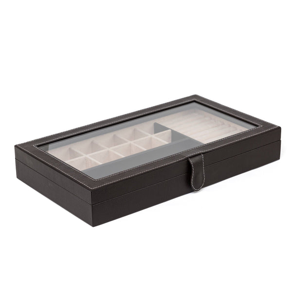 Caja rectangular en piel para guardar mancuernillas y anillos con tapa de vidrio MACE